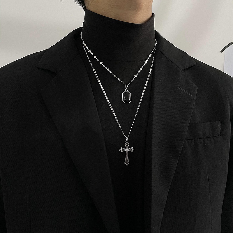 Black Diamond Cross Multilayer Necklace Accessories Stitching Clavicle Chain Personality Street Hip Hop