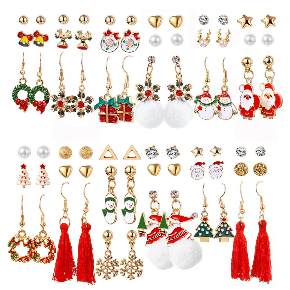 12pcs / Set Anting Rumbai Mutiara Desain Santa Claus Rusa Pohon Natal Untuk Wanita