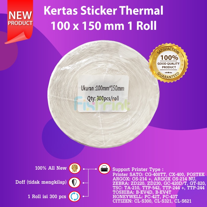 Kertas Cetak Resi Printer Label Thermal Barcode Roll A6 100x150mm 100mm x 150mm 1 Roll isi 300 Pcs