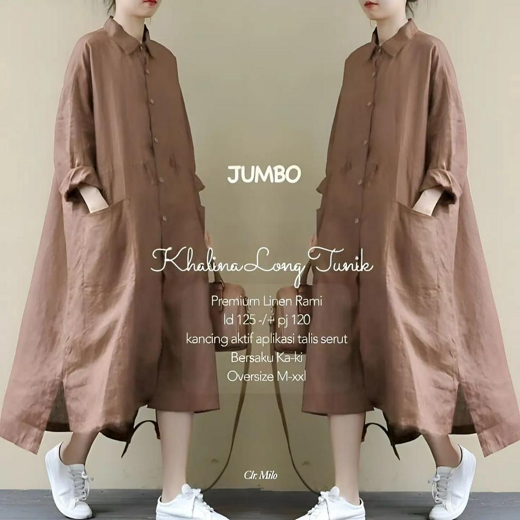 LONG TUNIK JUMBO KHALINA BAHAN LINEN RAMI LD 100 - 125 CM WARNA  ARMY , BLACK , MAROON , MILO LONG TUNIK WANITA TERBARU 2023 MIDI DRESS WANITA TERBARU BAJU ATASAN WANITA TERBARU KOREAN STYLE