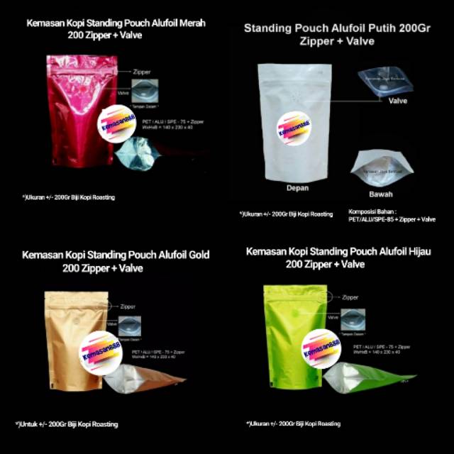 Kemasan Kopi Standing Pouch Alufoil 200 Gr Zipper & Valve. Standing Pouch.