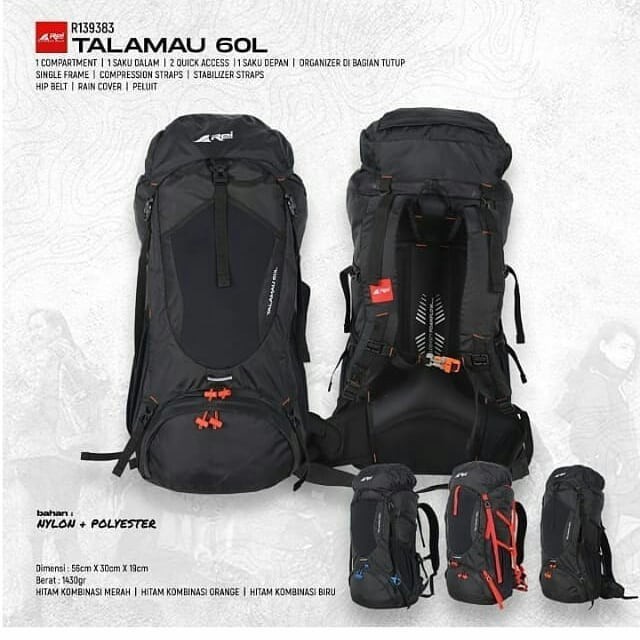 TAS CARRIER AREI TALAMAU 60L ORIGINAL FREE RAIN COVER | RANSEL GUNUNG KERIR REI OUTDOOR 60 LITER