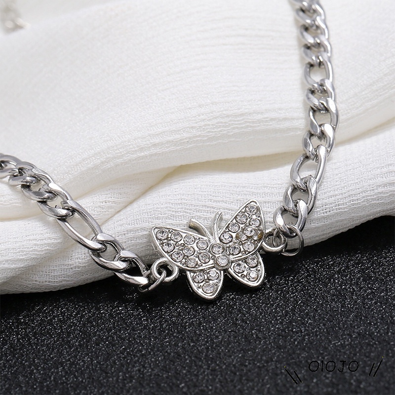 Kalung Choker Rantai Silver Tebal Desain Kupu-Kupu Hias Berlian Gaya Retro Korea Untuk Wanita - ol