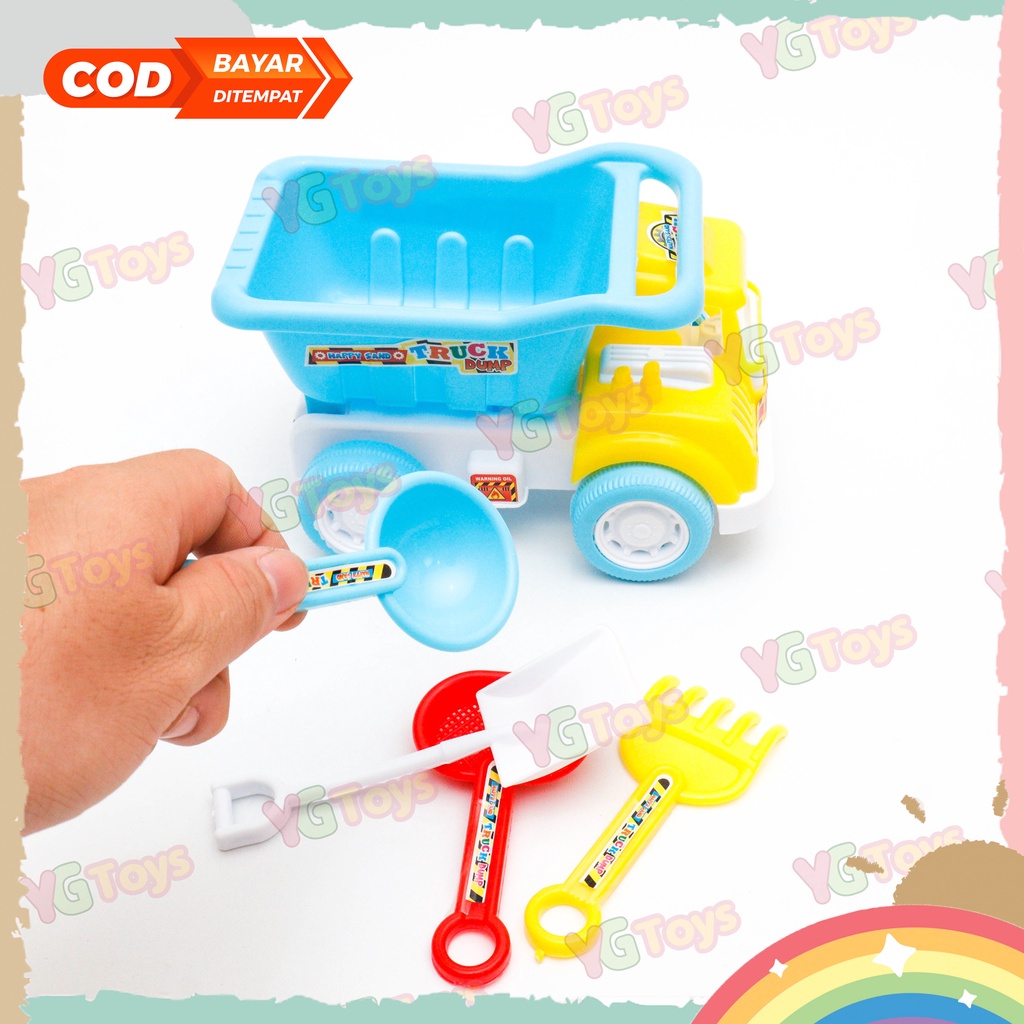 YGtoys Mainan Truk Pasir Pantai Mobil Dump Truck Konstruksi Angkut Pasir dan Cetakan Skop