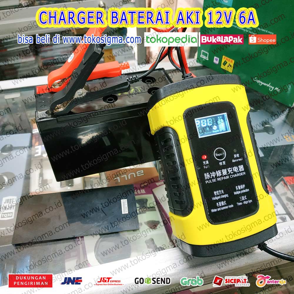 CHARGER AKI MOBIL CAS BATERAI KERING BASAH MOTOR 12V 6A LCD REPAIR PULSE