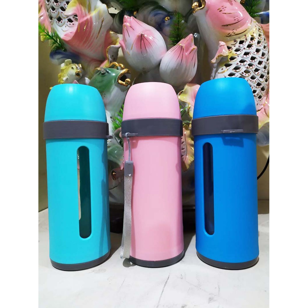 THERMOS BOTOL MINUM KACA MOTIF COVER PLASTIK TANPA GAGANG