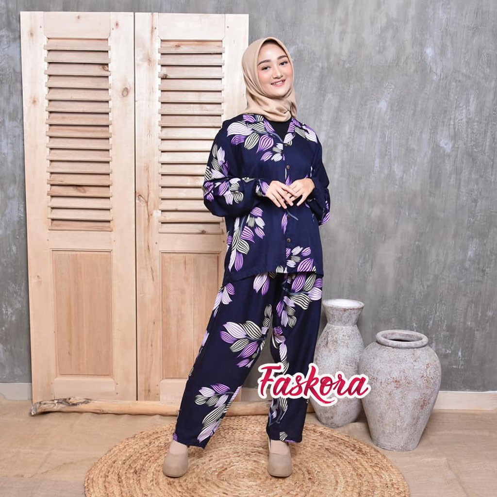 Pajamas Lengan Panjang - One Set Wanita Panjang - Setelan Jumbo Rayon Wanita Kekinian Daun Tulip