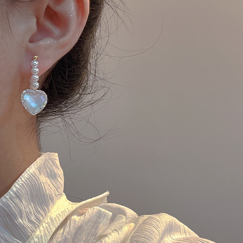 Anting Tusuk Gantung Temperament Bahan Sterling Silver 925 Desain Hatimutiaraberlian Gaya Perancis Untuk Wanita