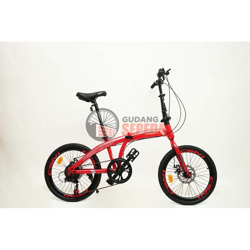 Khusus Gojek/Grab Instan Sepeda Lipat Trex Cassini 20 inch 7 speed SNI termurah COD kredit murah cakram rem mirip noris folding-Red