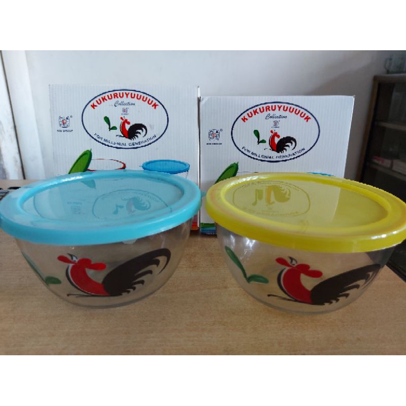 Mangkok Ayam Kukuruyuuk 7in Tutup Karet Warna Warni / Baskom Kaca Decal Ayam 17.5Cm Tutup Karet