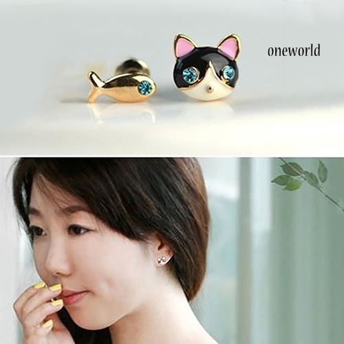 OW@ 1 Pair Korean Women Cute Cat Fish Rhinestone Stud Earrings Fashion Jewelry