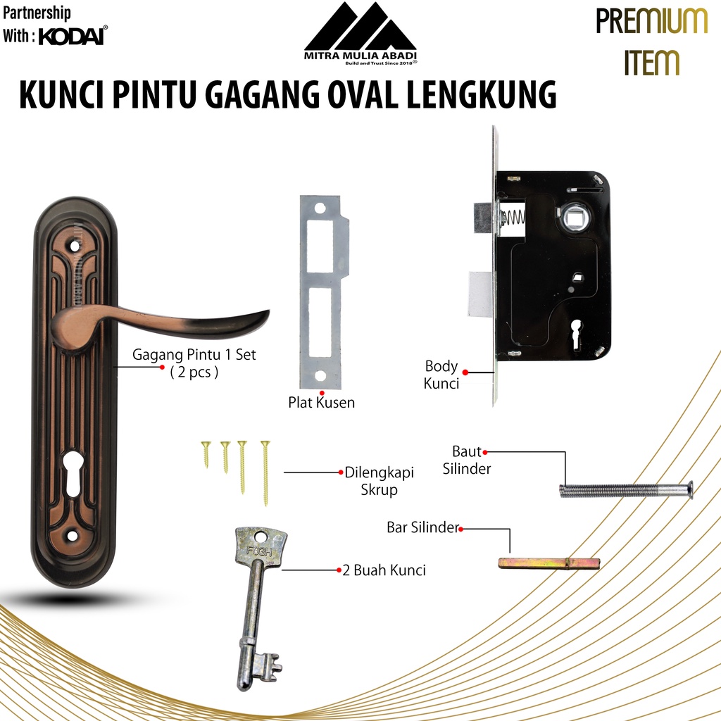 Kunci Pintu Antik Coklat Silver Gagang Oval Lengkung I By Top Safety I Fullset