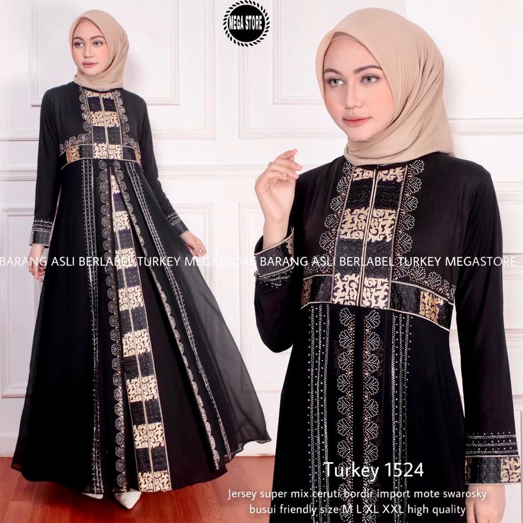 Baju Pesta Gamis Abaya Turkey Hitam Bordir Jersey Jumbo Mewah 1524 Terbaru