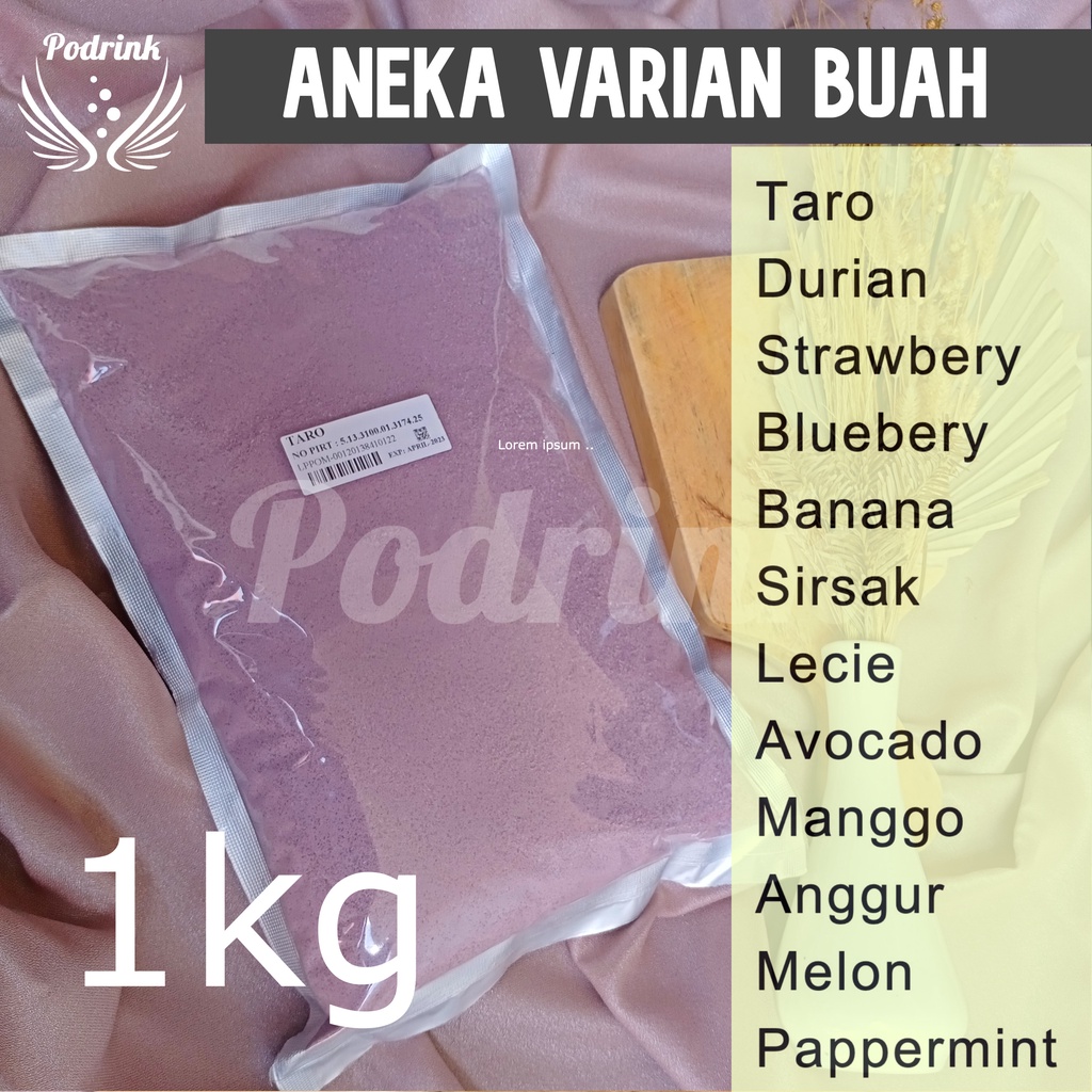

Bubuk Minuman 1kg Murah Varian Buah Untuk Boba, Esblend, Jellydrink dsb (mix gula)