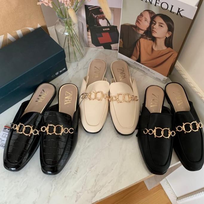 Zara Leather Mule Loafers With Chain detail