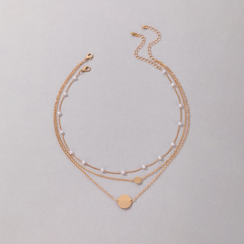 Kalung Rantai Tiga Lapis Bahan Alloy Warna Emas Aksen Mutiara