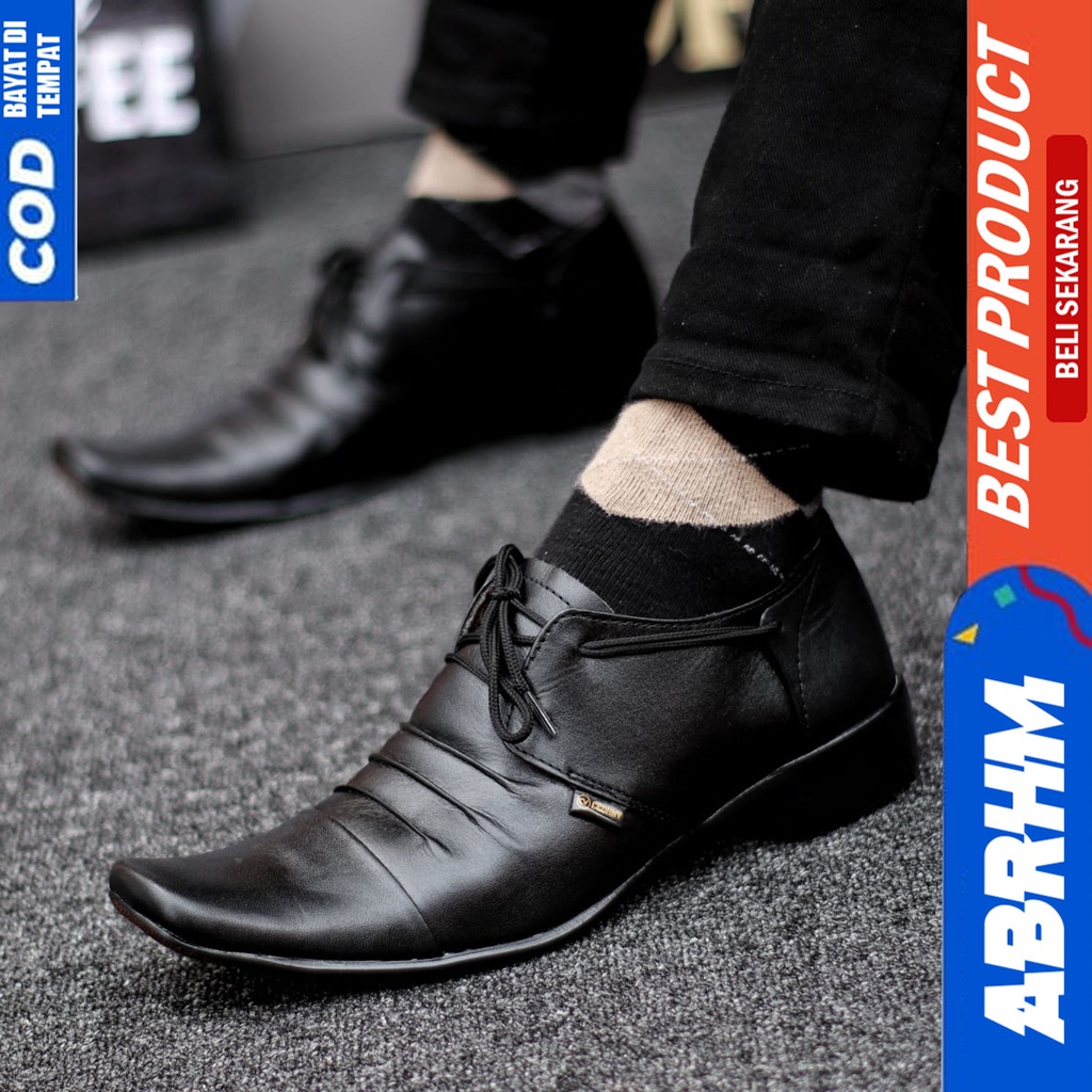 Sepatu Pantofel Kerja Kantor Kulit Asli Formal Hitam Pria Abrhm Rempel Tali