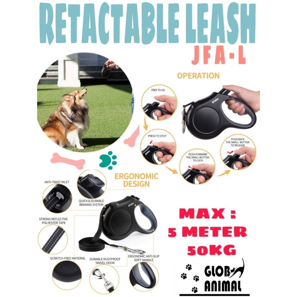 RETACTABLE LEASH FIDA LARGE 50KG tali tuntun otomatis 5M anjing besar