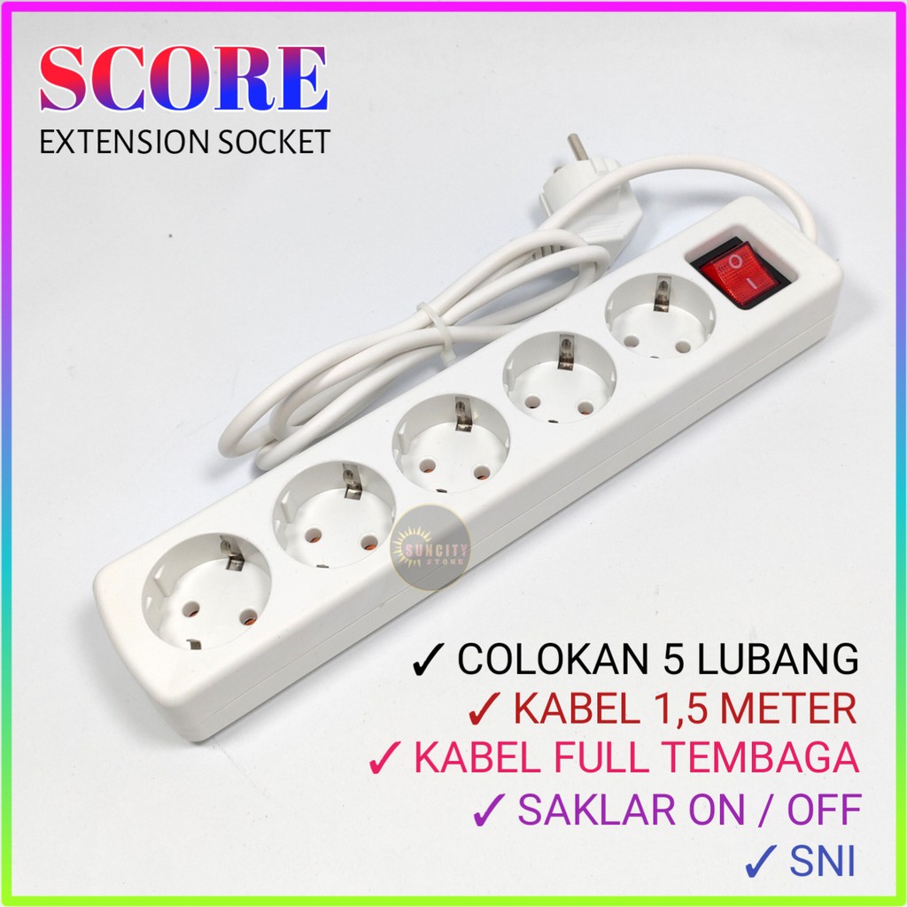 Score Stop Kontak 5 Lubang + Kabel 1.5M , 3M , 5M / Extension Socket Dengan Saklar ON/OFF