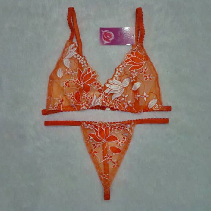 Termurah Bra Set Wanita Sexy Transparan Orange Bunga Putih 8382