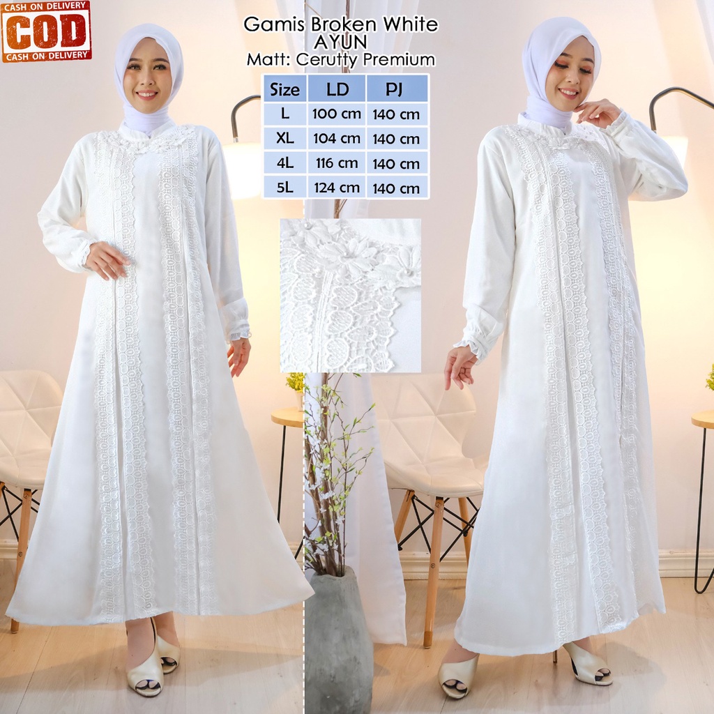 Jual Gamis Putih Bahan Ceruty Jatuh Kombi Renda Elegan Mewah Terbaru