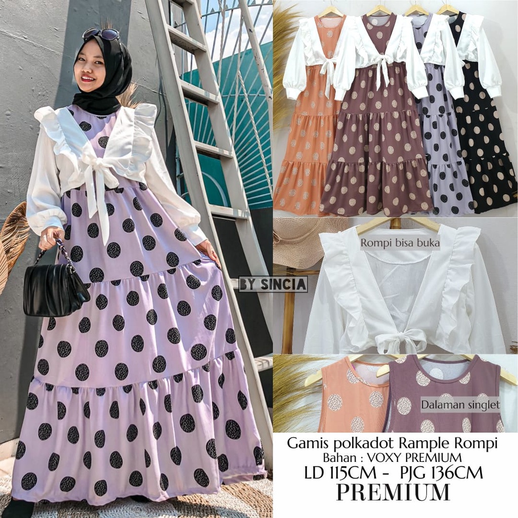 Gamis rempel 3 susun depan belakang motif polkadot + Kardi putih bahan voxy premium merk sincia