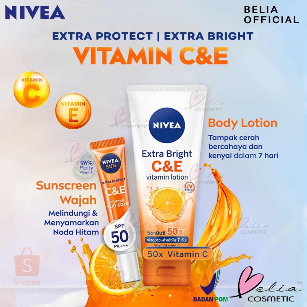 ❤ BELIA ❤ NIVEA Extra Bright C&amp;E Vitamin Lotion 180ml | Sun Extra Protect C&amp;E 30ml | Body Lotion, Vitamin C&amp;E | Sunblock Wajah, Vitamin C&amp;E, SPF50