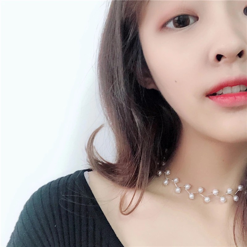 Kalung choker Rantai Klavikula Hias Mutiara Gaya Korea Minimalis Untuk Perempuan