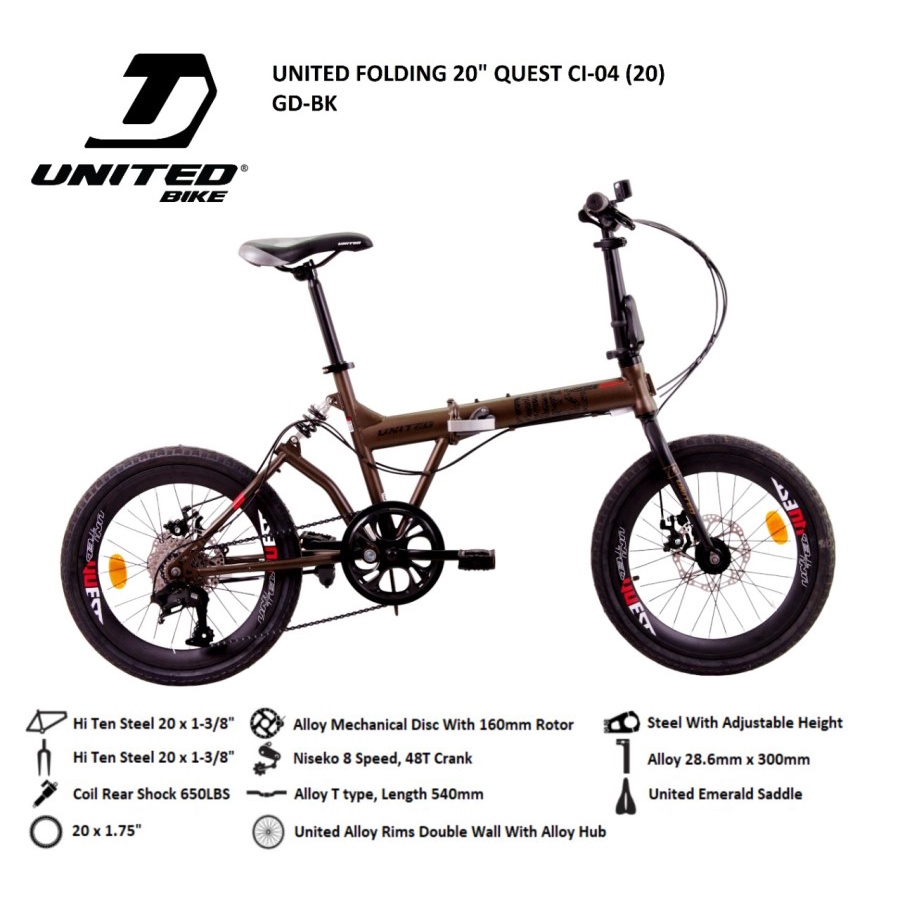 Sepeda Lipat Folding Bike United Quest 20 Inch CI-04 8 Speed Suspensi Garansi Termurah-2
