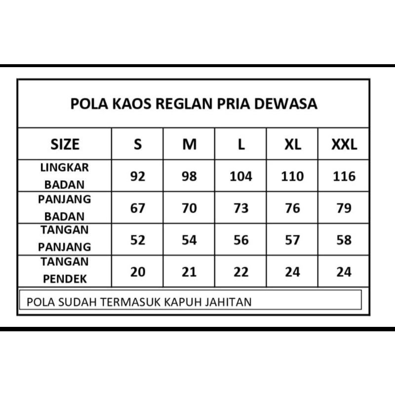 POLA KAOS RAGLAN PRIA DEWASA (5 UKURAN)