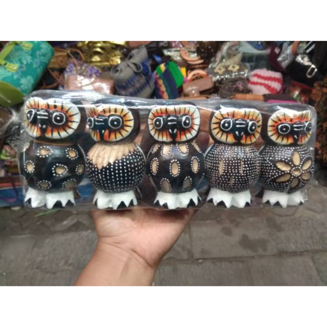 (BISA COD) SATU SET PAJANGAN MINIATUR BURUNG HANTU OWL ISI 5 PCS UKURAN 10 CM WARNA COKLAT KAYU UKIR