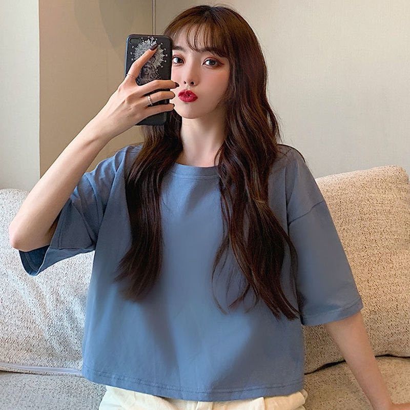 (M L XL XXL 3XL) KAOS CROP POLOS Oversize Basic Crop Top Tee Shirt Cotton Combed Korean Ulzzang Style Jumbo Denim Mustard Lilac Beige Black White