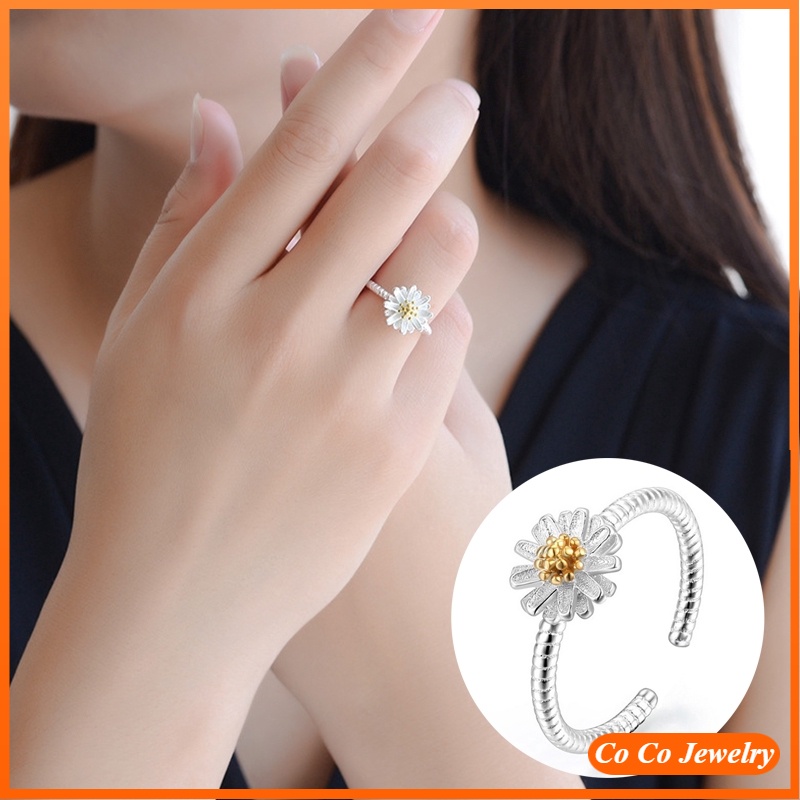 Cincin Pembukaan Perak Women Daisy Silver Opening Ring Trendy Flower Adjustable Finger Rings Jewelry Accessories