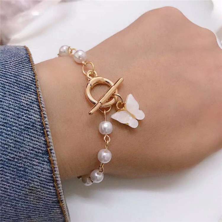 Gelang Tangan Wanita Desain Kupukupu Lucu Hias Mutiara Gaya Jepang Korea Retro Simple