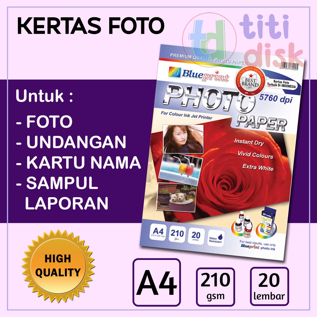 

Kertas foto A4 210 gsm Blueprint Glossy Photo Paper 1 pack 20 lembar