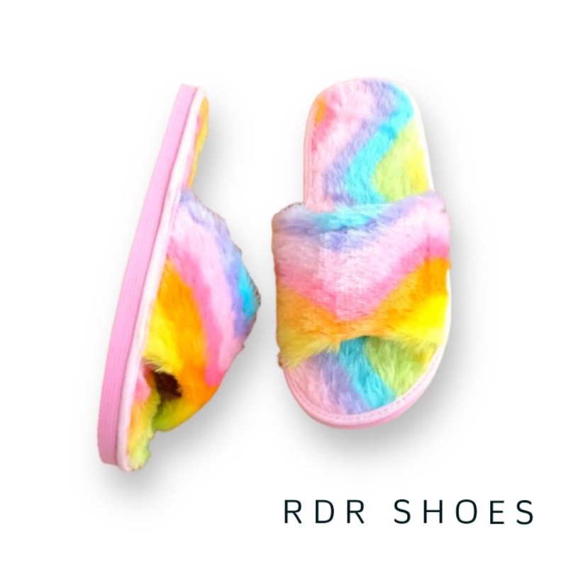 sandal rumah kokop full bulu pelangi - rainbow