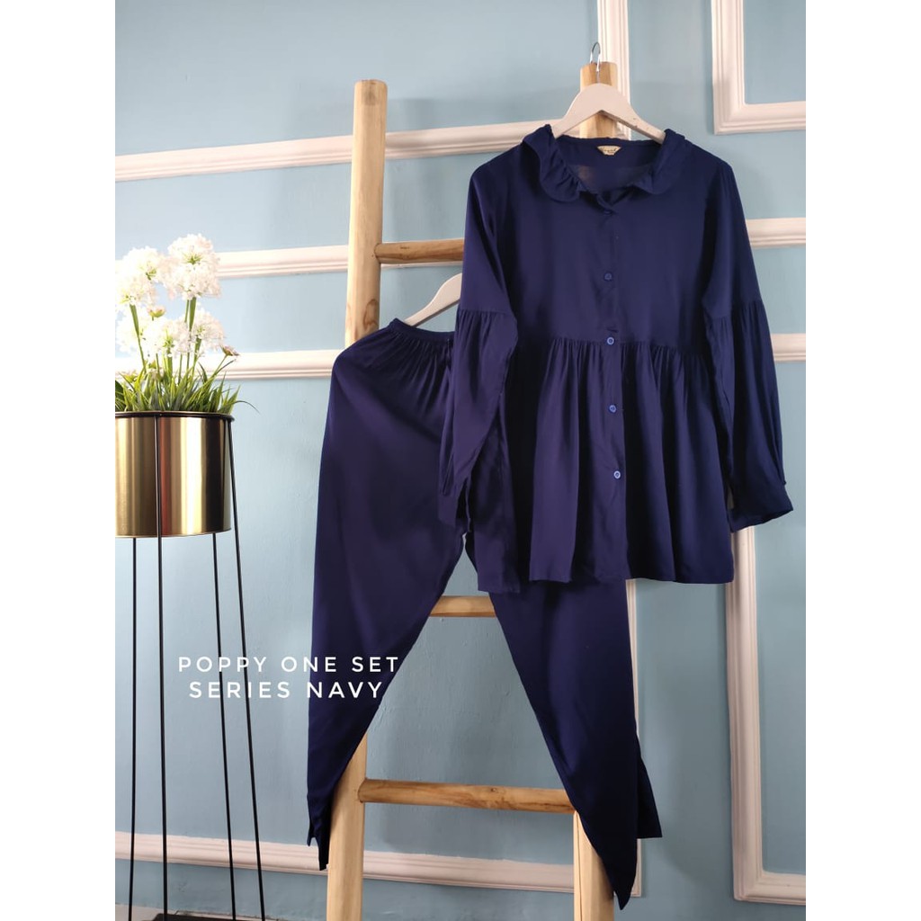 One set Rayon Viscose Busui Ld 100 - 110 Motif Kekinian-POPPY NAVY LD100