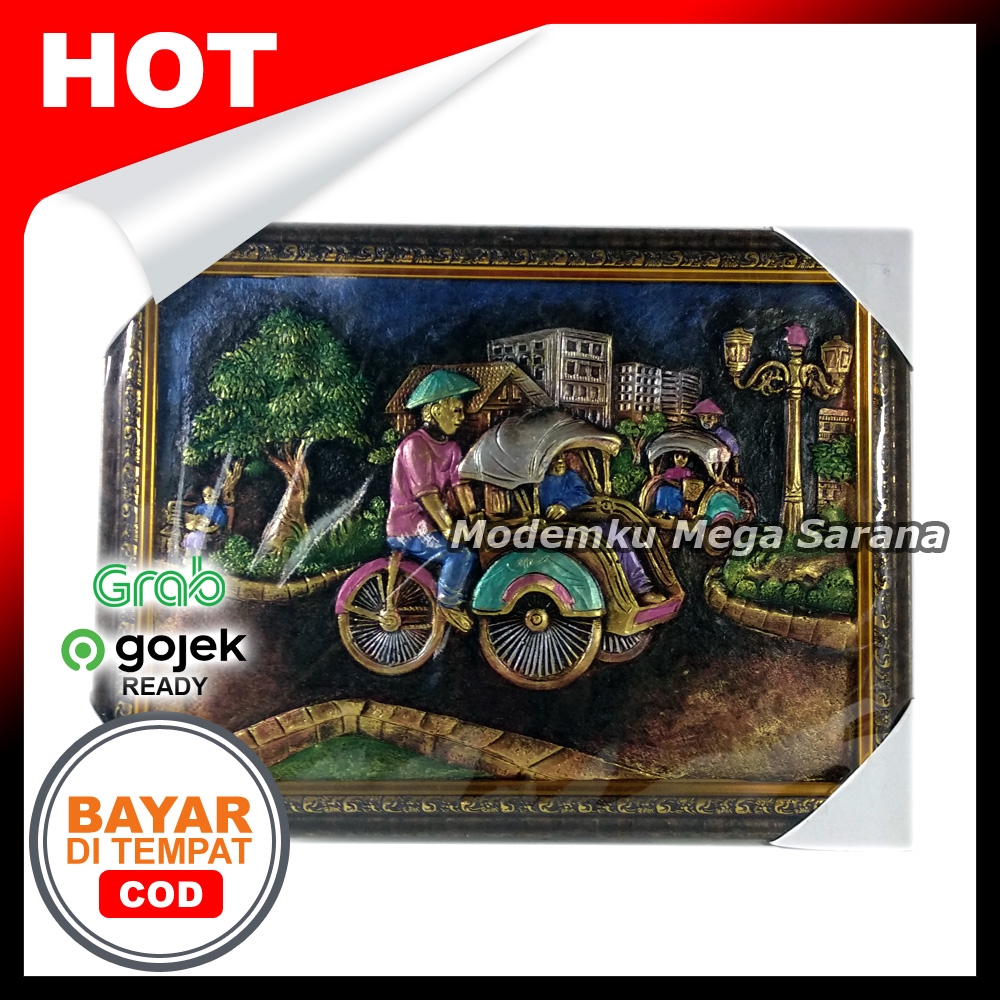 Lukisan Rilief Lukisan 3D Lukisan Timbul Becak Jawa Tradisional 42x32cm