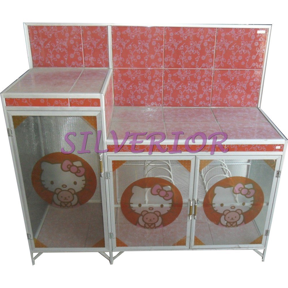 Rak Lemari Piring Kaca Aluminium Magic Com Roda 3 Pintu Full Gambar