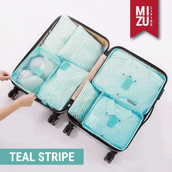 SECRET POUCH Travel Packing Cubes 7in1 Storage Bag Organizer Tas Koper MOTIF-TEAL Stripe