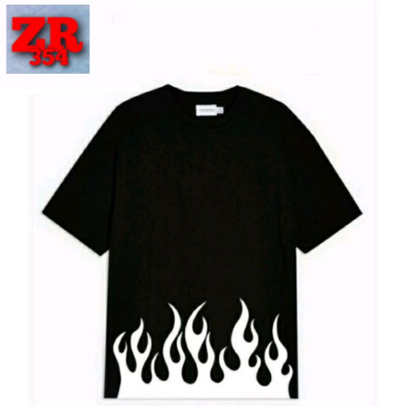 Kaos Motif Api Putih - Fire White / Baju Hitam Pria Wanita Anak Dewasa Motif Api Rapper Oversize Lok