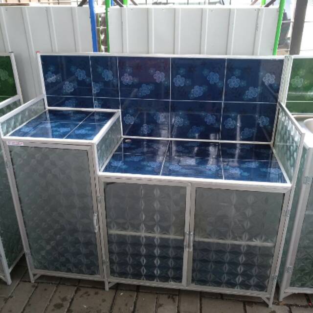 Meja Kompor + Rak Piring Undak Plat Alumunium Keramik 3 Pintu Kaca untuk Tabung Gas