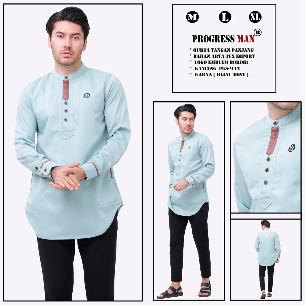 PROGRESS MAN baju koko pria lengan panjang koko kurta pangsi kemeja koko pria lengan panjang koko kurta pangsi baju kurta pangsi dewasa logo bordir Mint P4N9S106