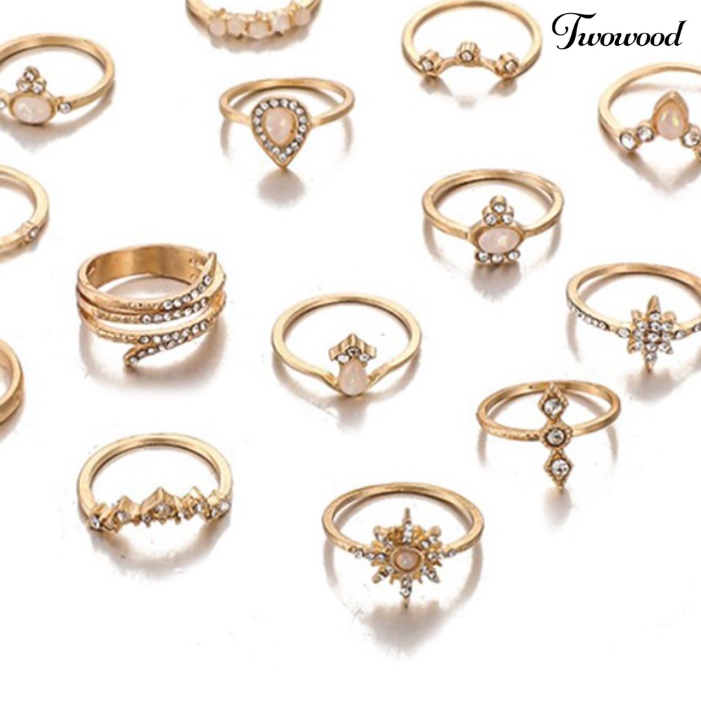 17pcs / Set Cincin Jari Permata Berlian Imitasi Gaya Bohemian Untuk Wanita