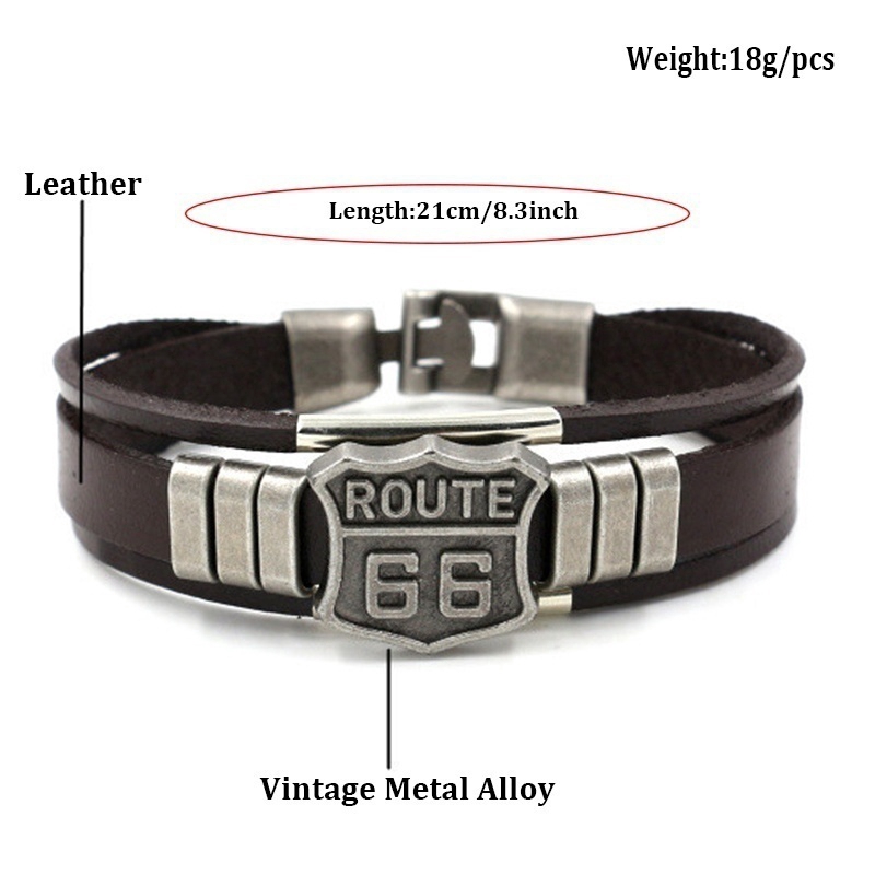 Logam Paduan dan Kulit ROUTE 66 Gelang Multi Layer Dicetak