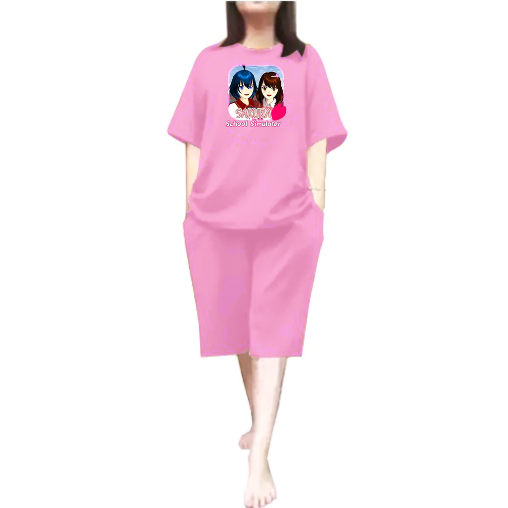 Setelan Wanita Kaos Oversize Sakura School Pendek Kulot Jumbo LD 110