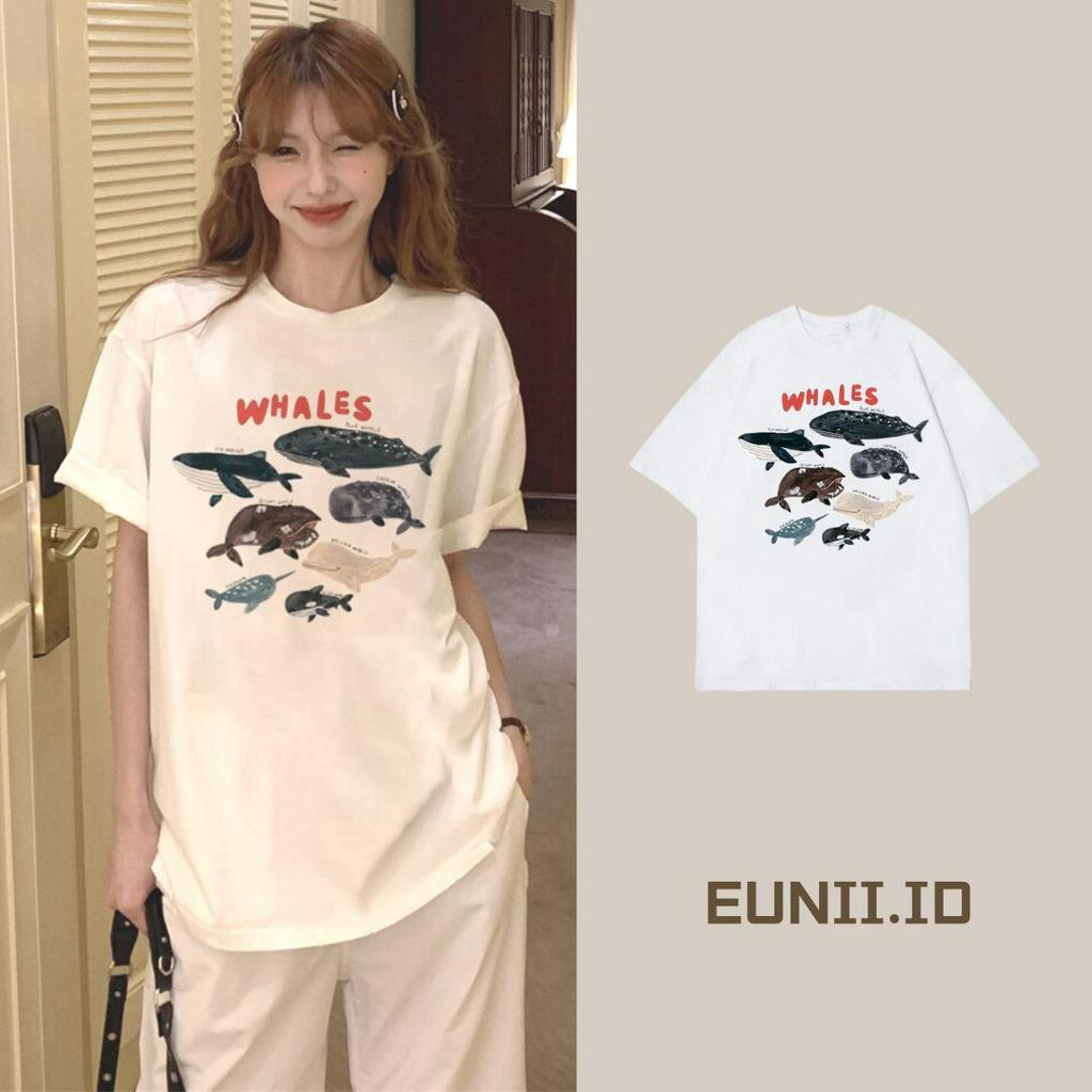 EUNII T-shirt Lengan Pendek Cartoon Fish Korean Style/Kaos Atasan Wanita/Baju Kaus Oversize Wanita/Kaos Wanita