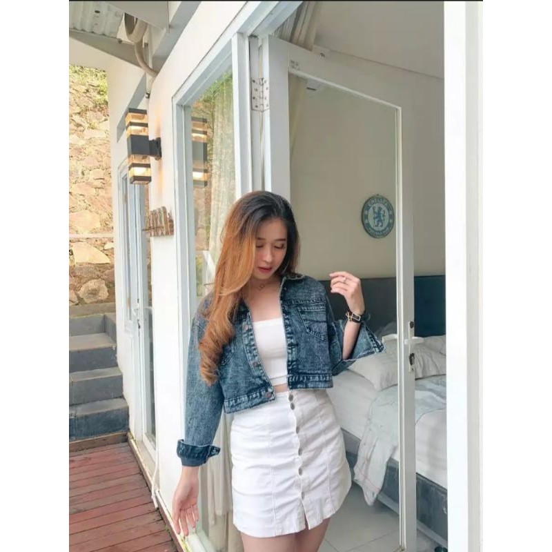 BISA COD JAKET CROP SNOW BLACK JEANS TEBAL