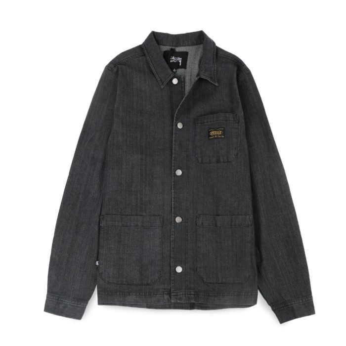 Jaket pria Stussy Worker Chore Jacket Washed Black - S tebal jeans parasut termurah distro jumbo E3K