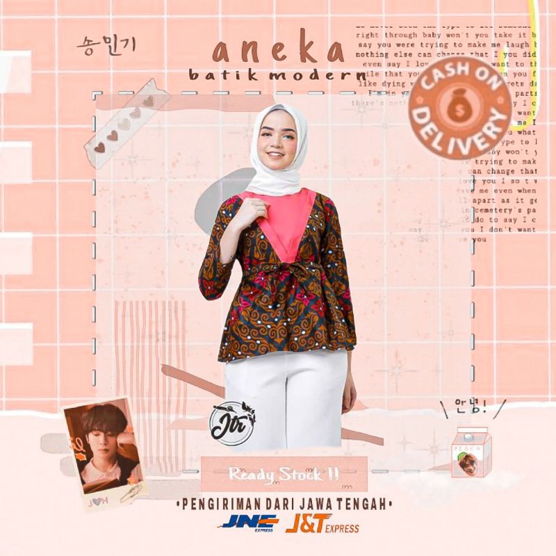 SHASA BLOUSE BATIK WANITA LENGAN PANJANG WARNA COKLAT MIX PINK BIRU KUNING ORANGE KONDANGAN KERJA